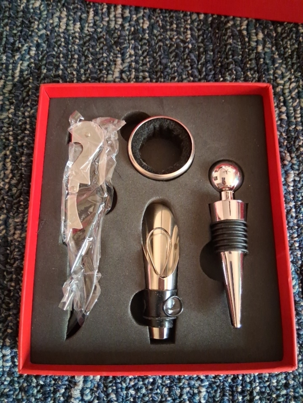 Silver Stainless Steel Wine Accessory Set with Black Accents - 4 Piece